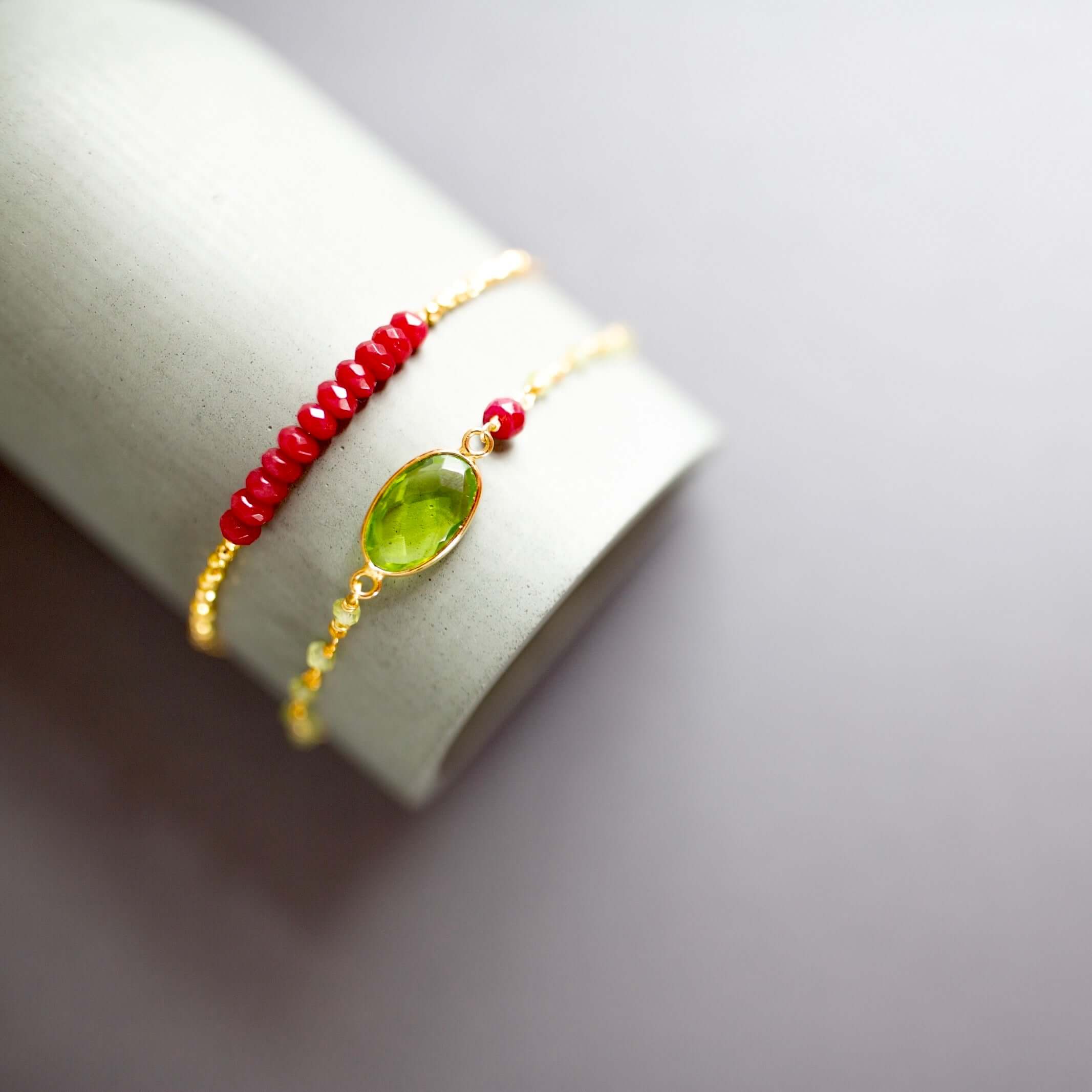 Peridot Quartz and Red Jade Stacking Bracelet Set - Vibrant and Bright Elegance