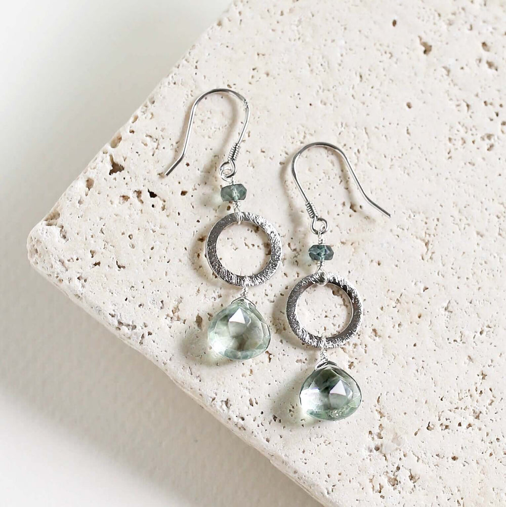 Handmade Rhodium-Plated Drop Earrings with Green amethyst gemstones