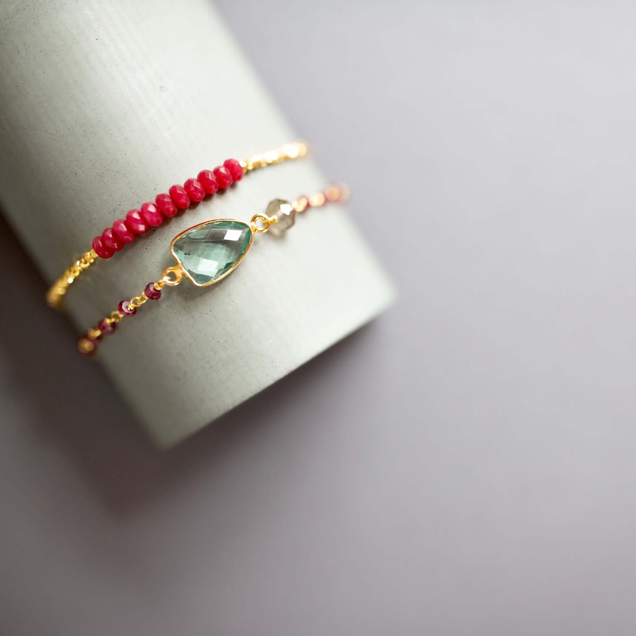Gold plated Adjustable Bracelet with Green Amethyst Bezel and Tiny Gemstone Accents.