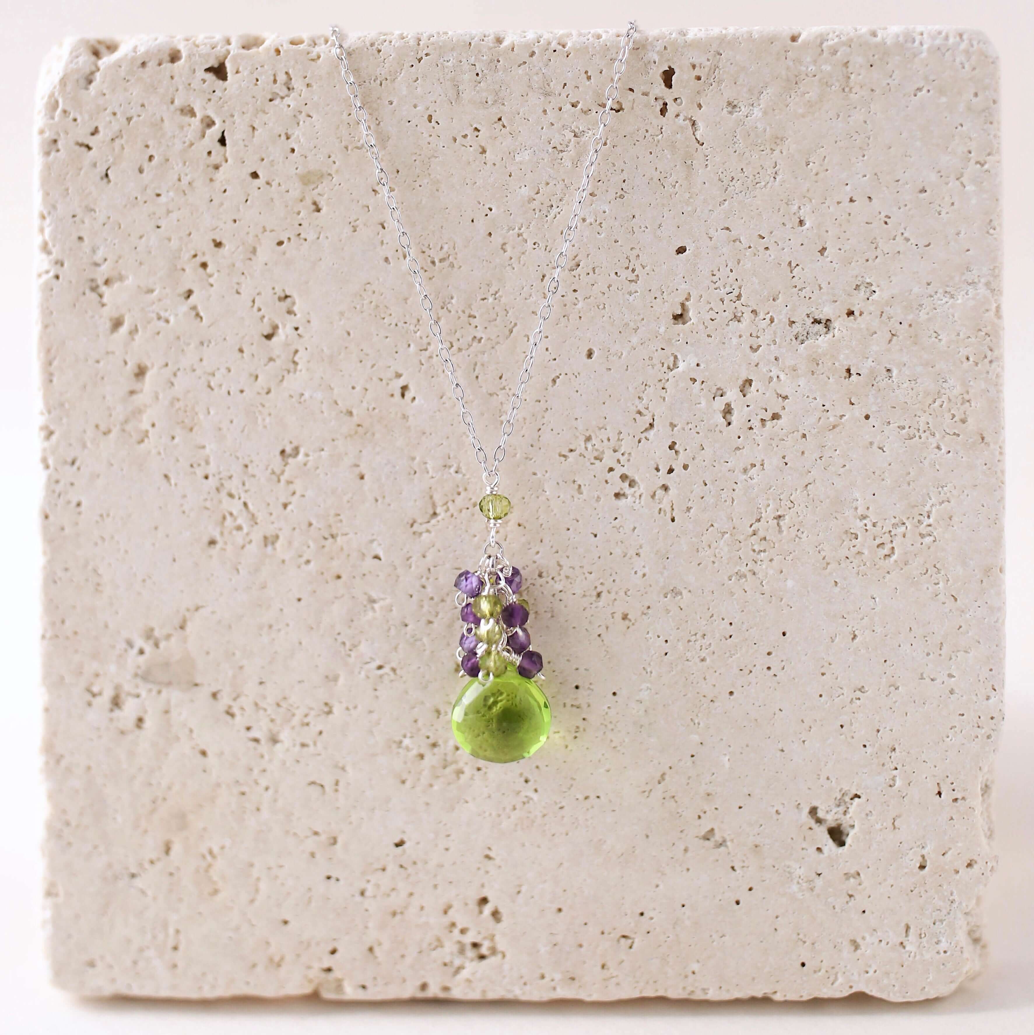Gorgeous Raindrop Necklace  with  Peridot Quartz Gemstone paired with Amethyst gemstones accent 