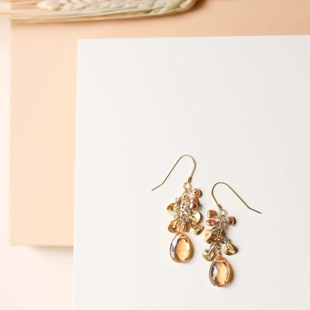 Citrine Gemstone with Pearls and Gold Accents   Gold Drop Earrings
