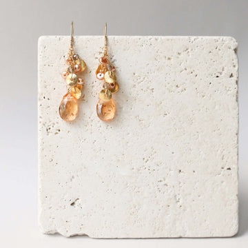 Citrine Gemstone with Pearls and Gold Accents   Gold Drop Earrings