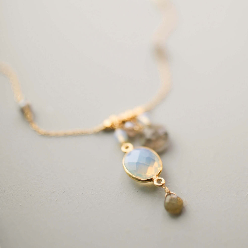 Gold Bezel-set opal quartz gemstone and labradorite accent stones Necklace 