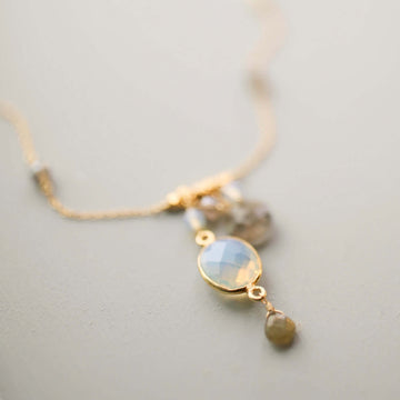 Gold Bezel-set opal quartz gemstone and labradorite accent stones Necklace 
