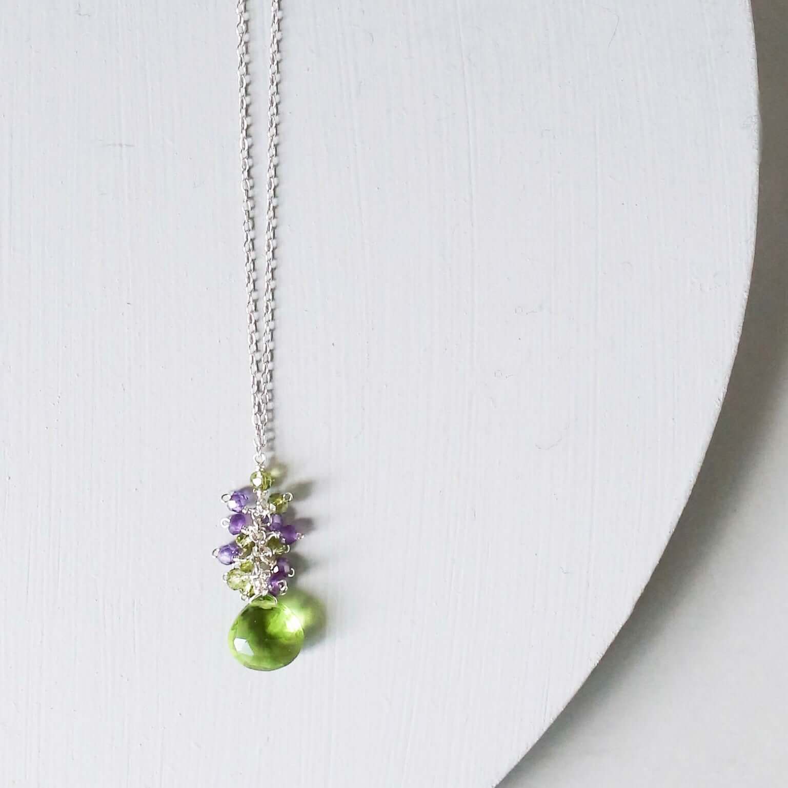 Gorgeous Raindrop Necklace  with  Peridot Quartz Gemstone paired with Amethyst gemstones accent 