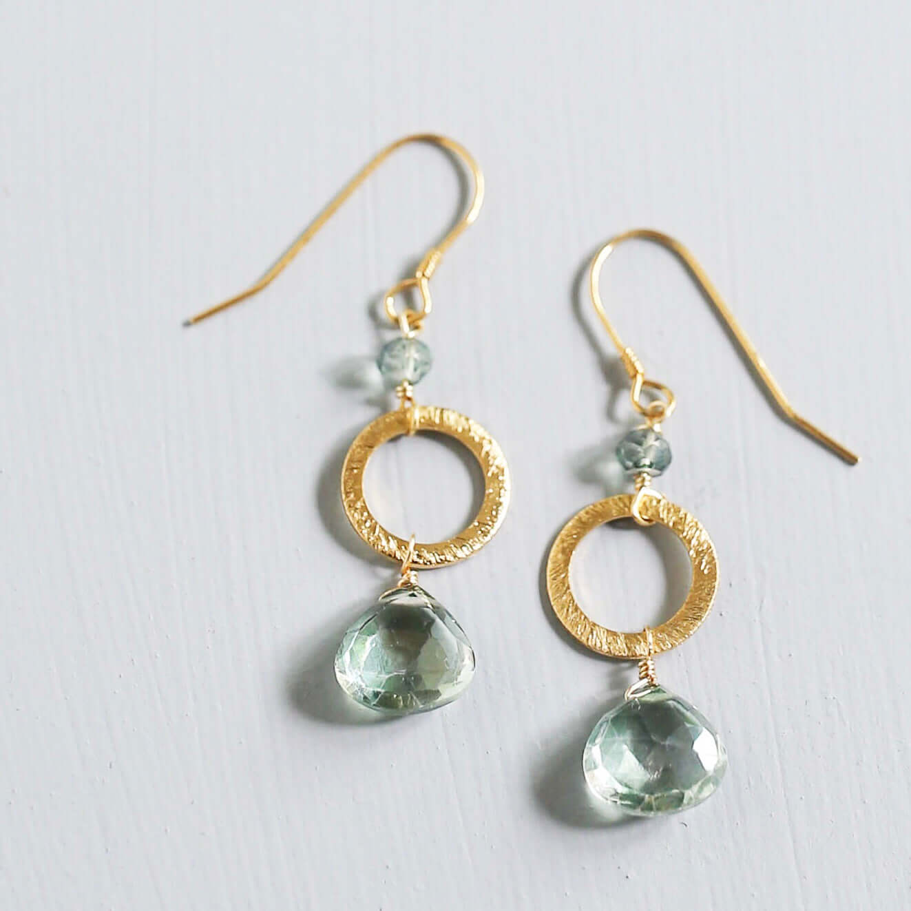 Handmade Gold-Plated Drop Earrings with Green amethyst gemstones
