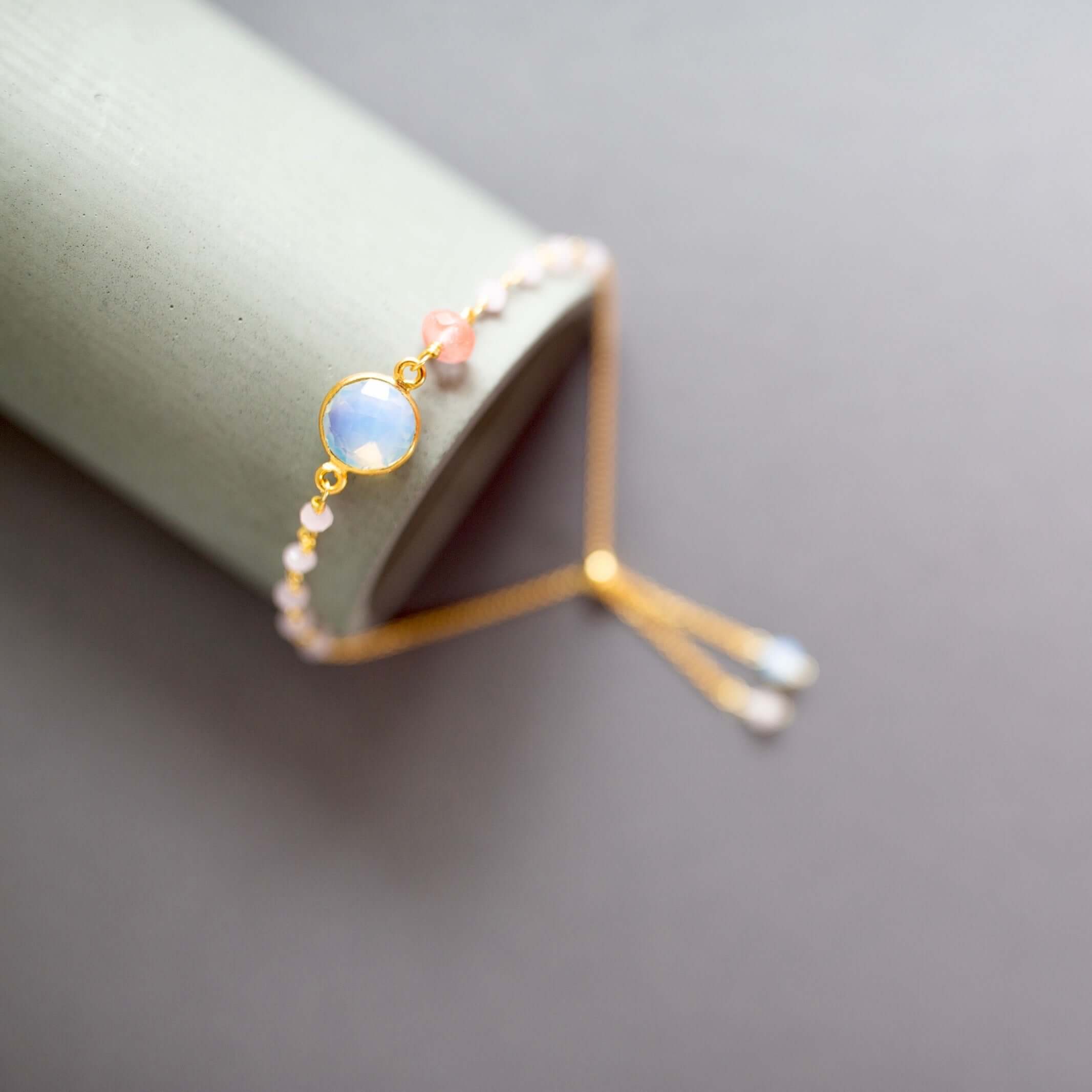 Opal quartz and rose quartz stone Gold plated bracelet with adjustable slider clasp