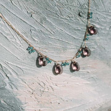 Adjustable Rhodolite Garnet Gemstone with bright blue aquamarine accents  Gold Chain Necklace
