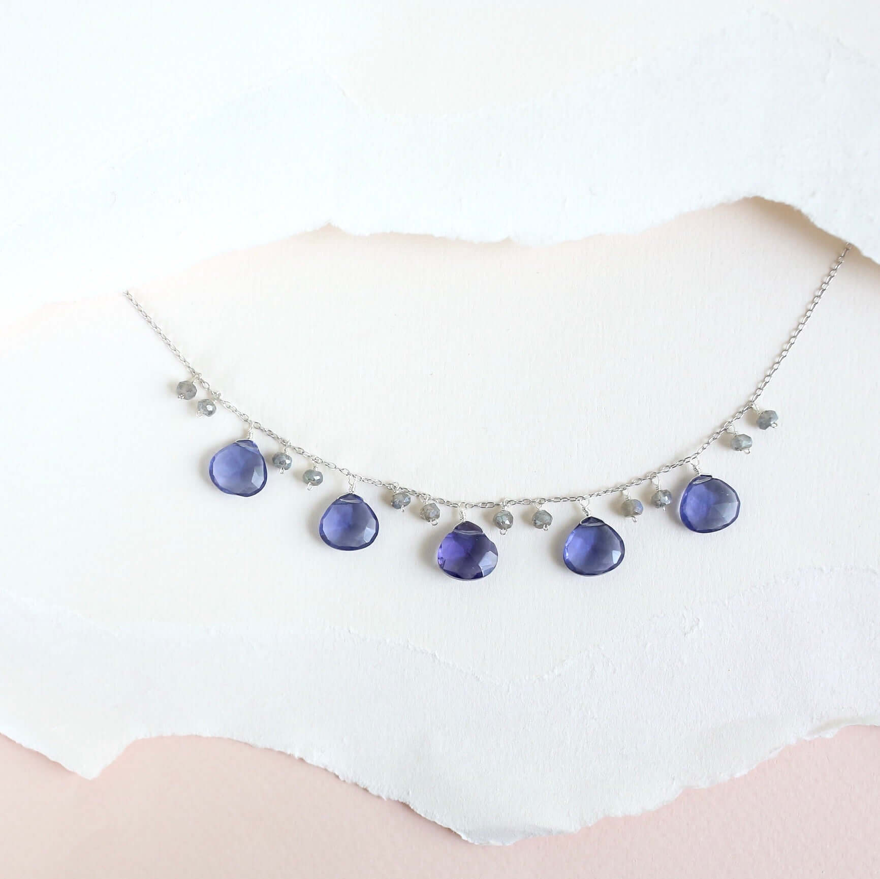  Sparkling bezel Tanzanite Quartz Gem and tiny stone Labradorite accents  Gold Necklace