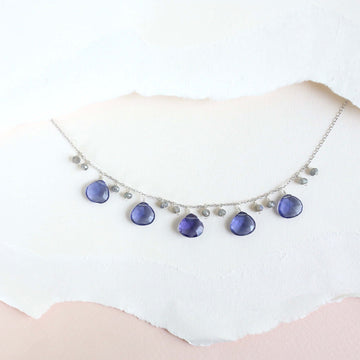  Sparkling bezel Tanzanite Quartz Gem and tiny stone Labradorite accents  Gold Necklace
