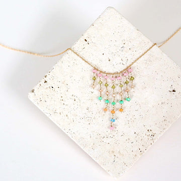 Unique gemstone  Fringe necklace with Rose Quartz, Peridot, Champagne Quartz, Blue Chalcedony, and Orange Chalcedony gemstones
