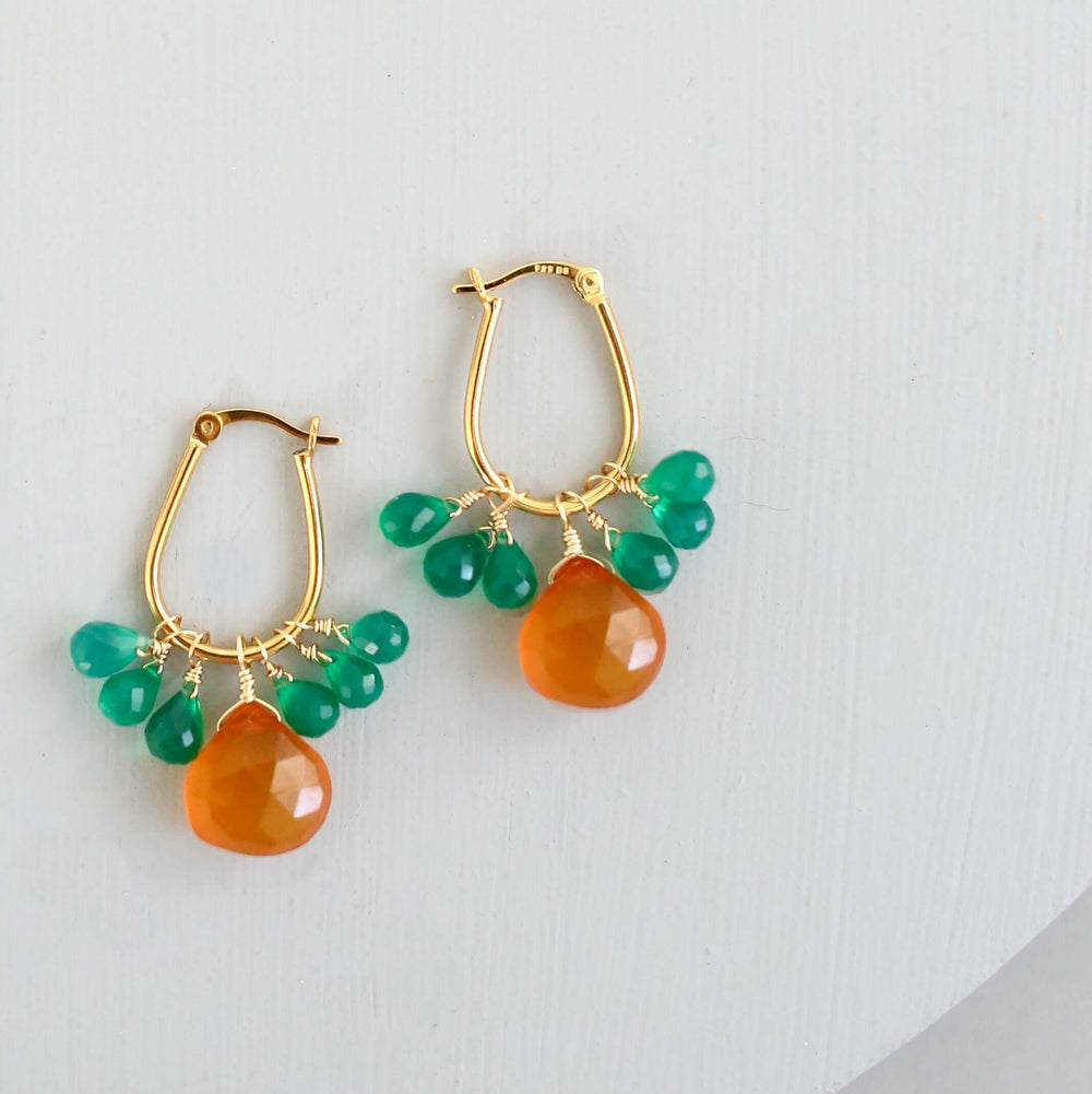 Small Yet Mighty Earrings with Dark Orange Chalcedony and Green Onyx Briolettes