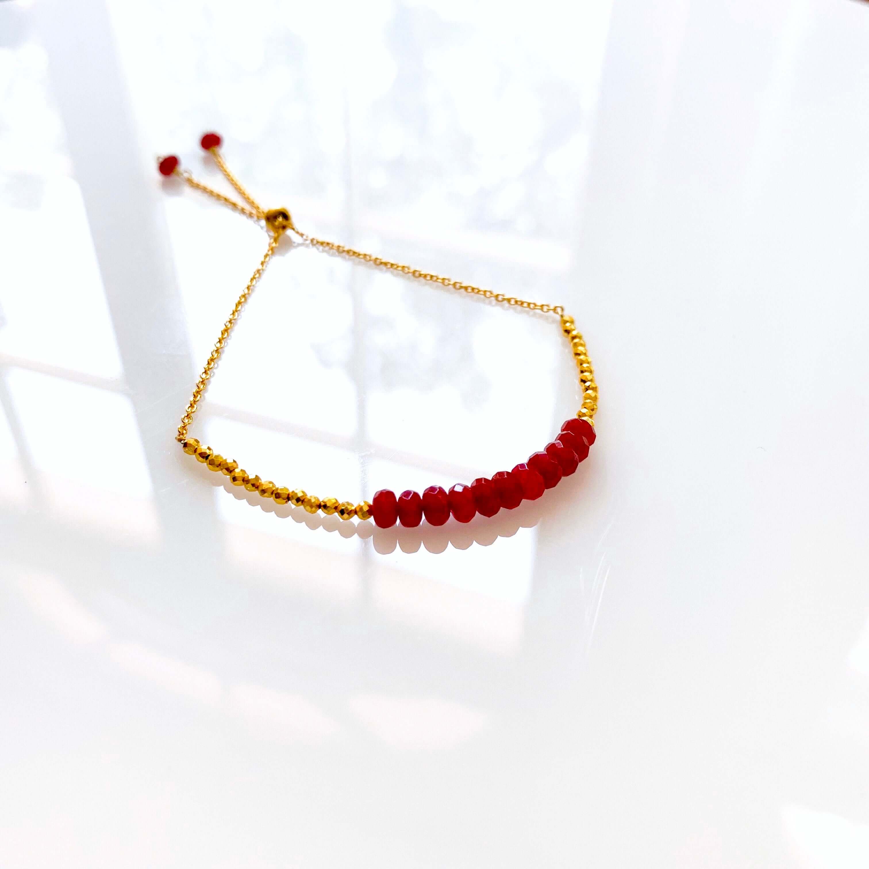 Gold Bracelet  with Red Jade Gemstone and Gold Accent Beads