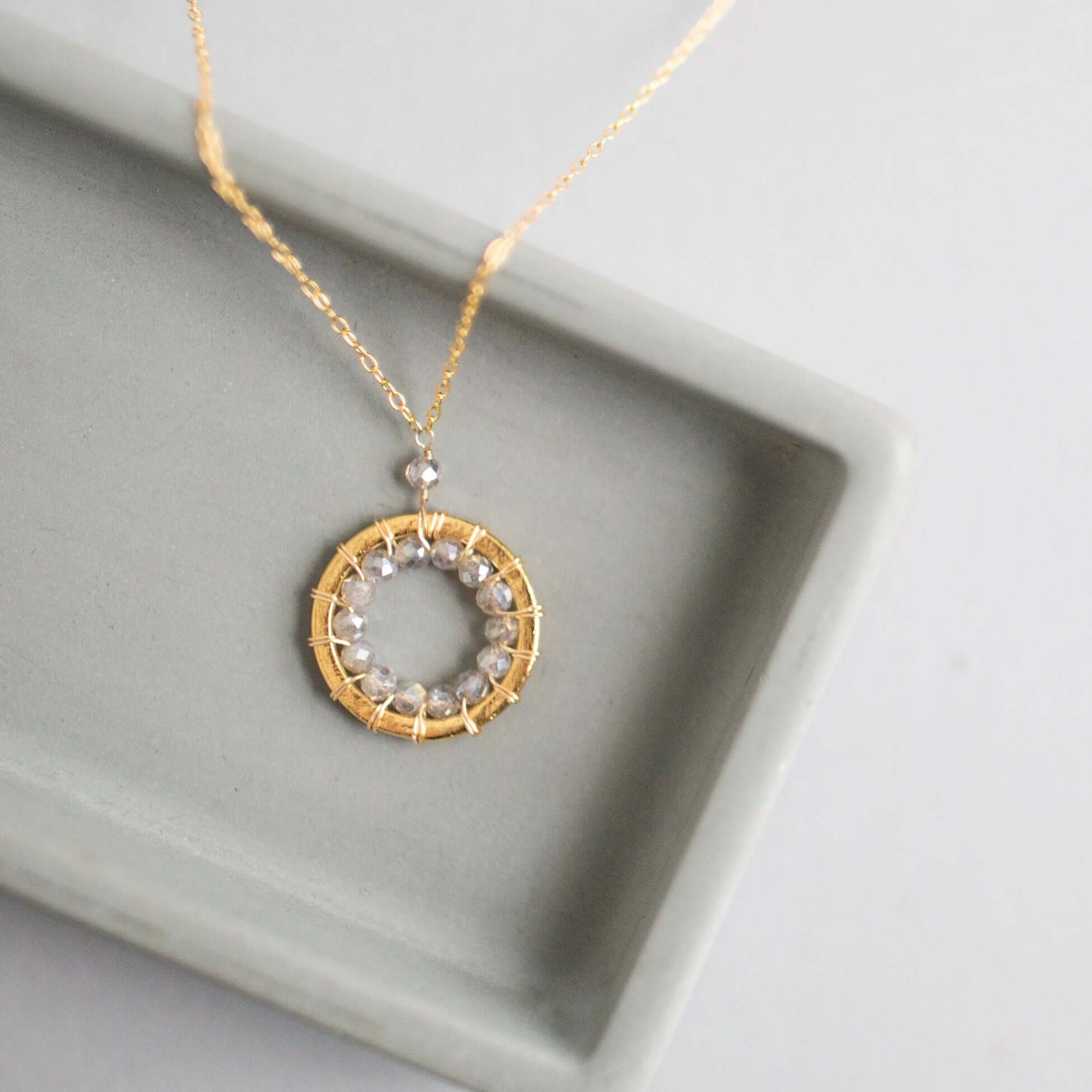 Mini Gold Circle Necklace with Labradorite Gemstones