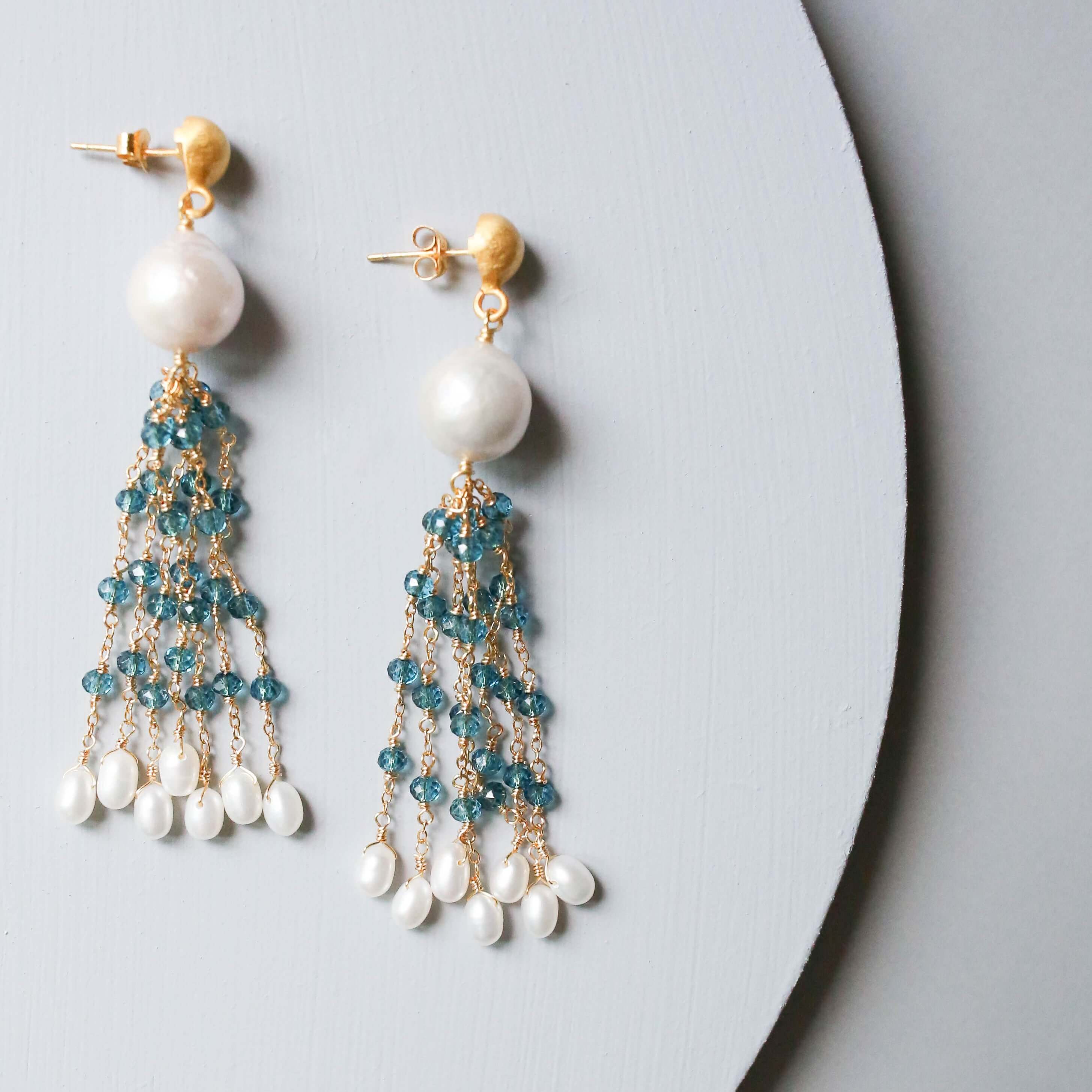 Freshwater baroque pearls, London Blue Quartz and bead pearls Tassel Earrings in Gold plated Italian Silver
