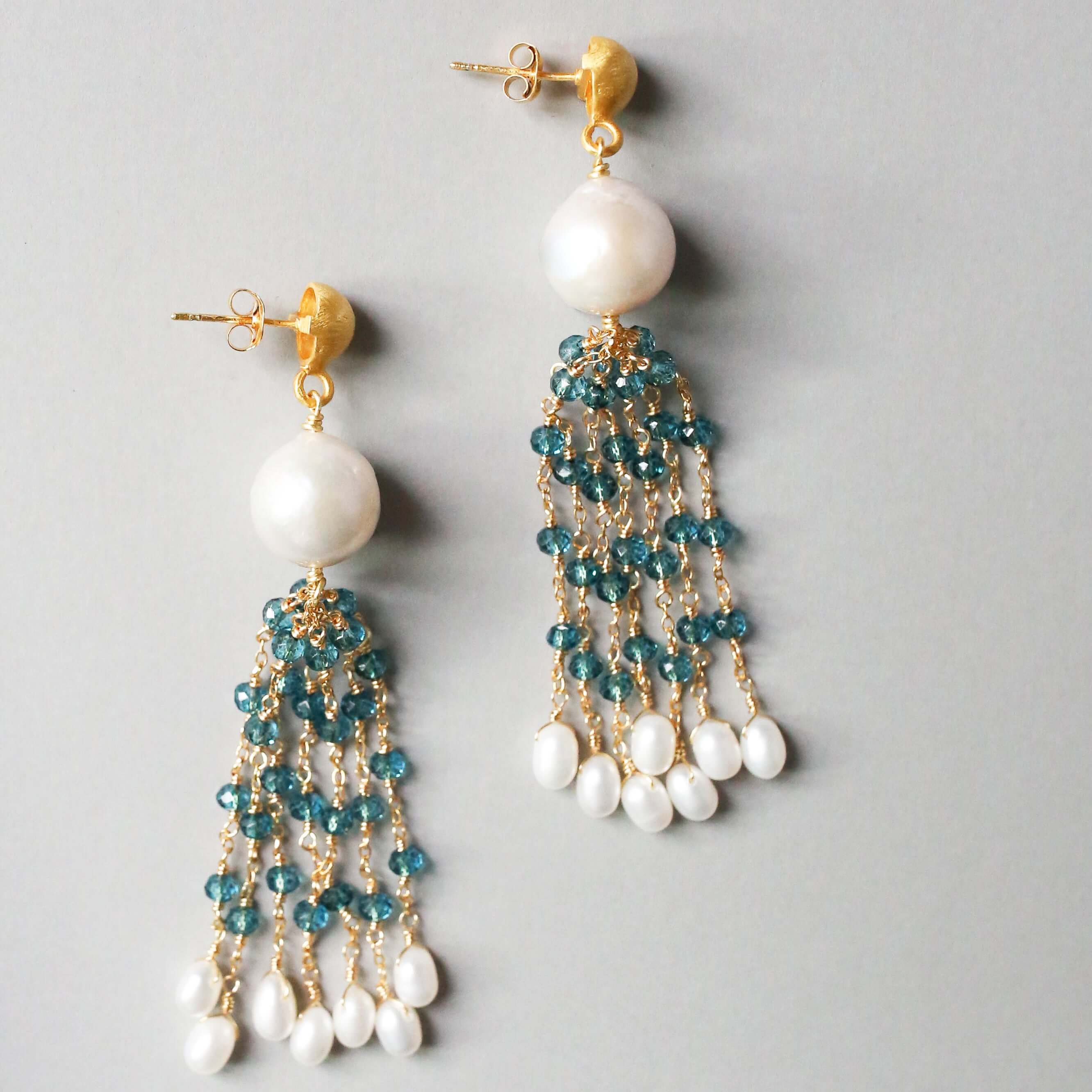 Freshwater baroque pearls, London Blue Quartz and bead pearls Tassel Earrings in Gold plated Italian Silver