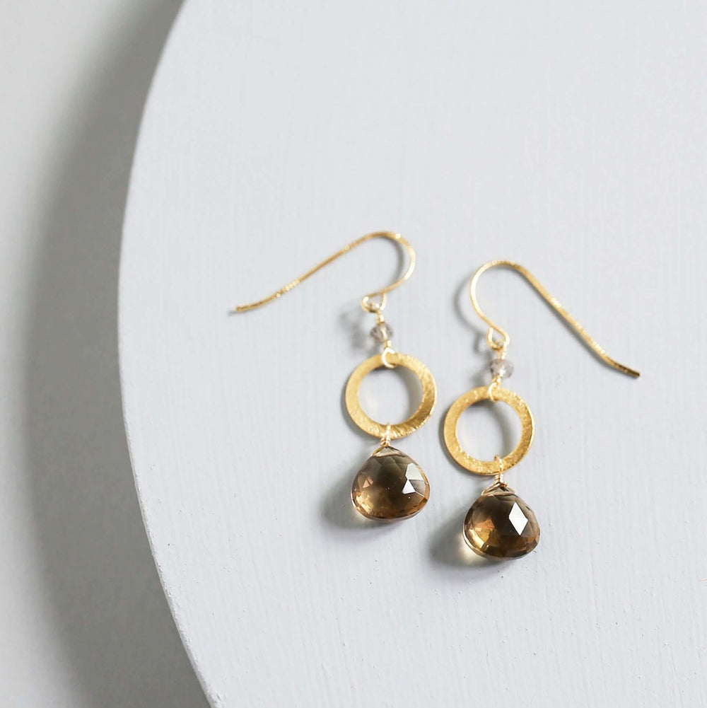 Handmade Gold-Plated Drop Earrings with Smoke Quartz 